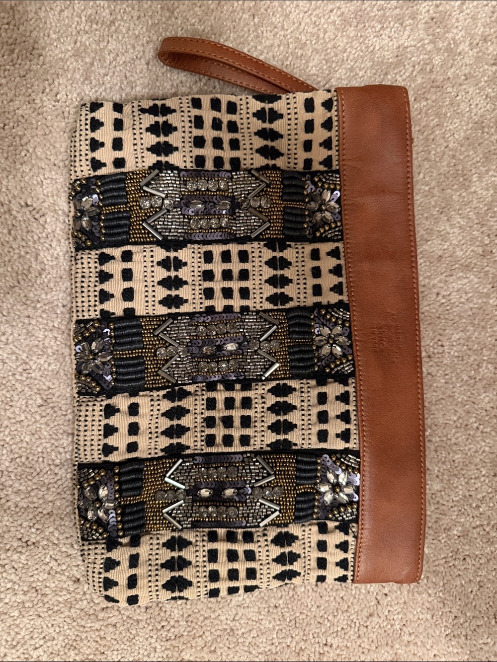 Abercrombie & Fitch Black, Cream and Tan Beaded Wristlet Clutch